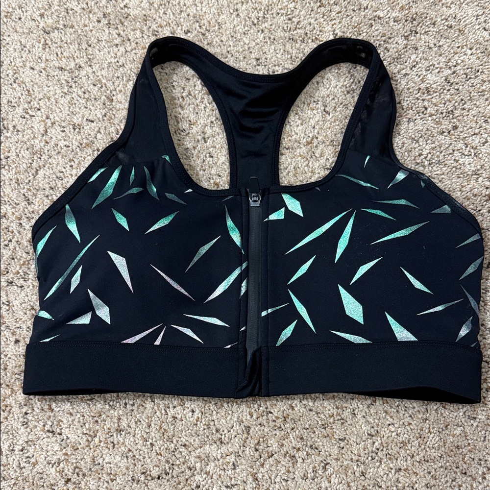 Women's Front-Zip Sports Bra with Iridescent Geometric Accents - Black EUC